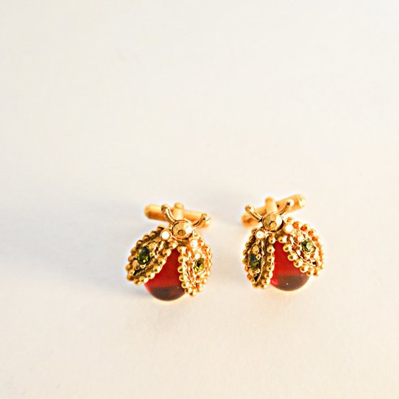 Vintage Ladybug Cufflinks with Rhinestones - Picture 1 of 2